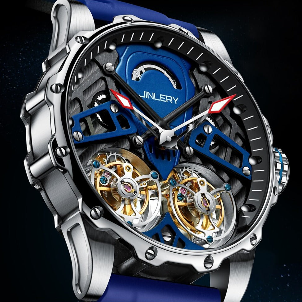 Side view Jinlery Double Tourbillon Skeleton Mechanical Watch from fiveto.co.uk