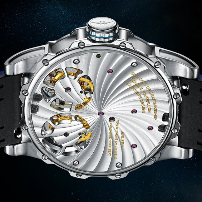 Back of Jinlery Double Tourbillon Skeleton Mechanical Watch from fiveto.co.uk