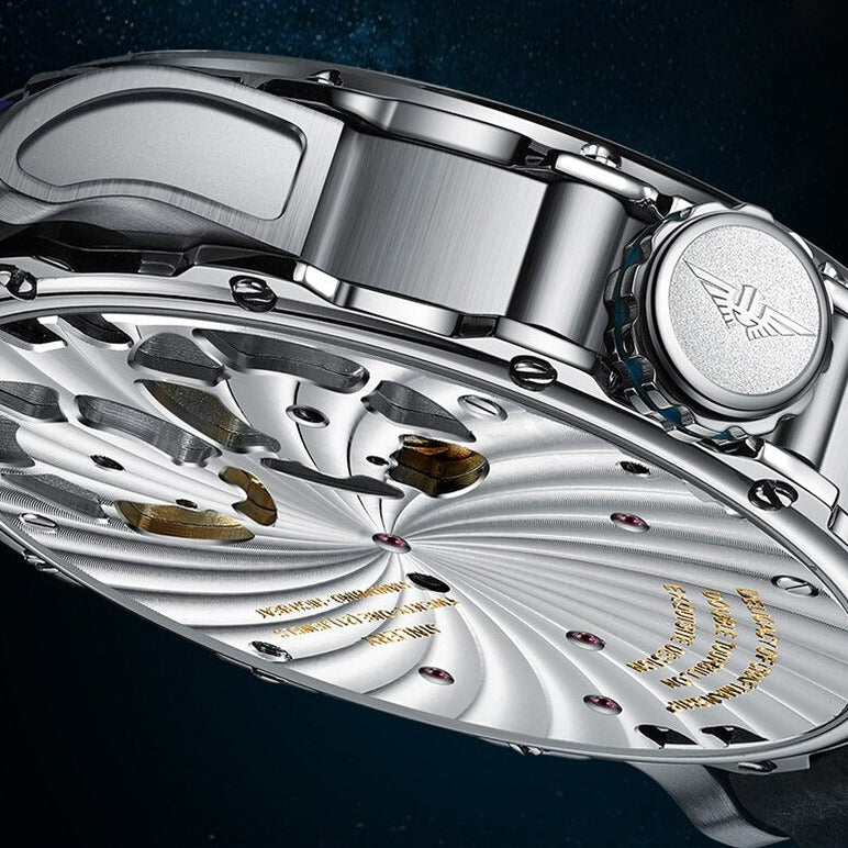 Back Detail Jinlery Double Tourbillon Skeleton Mechanical Watch from fiveto.co.uk
