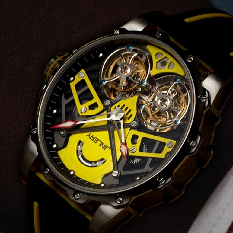 Jinlery Double Tourbillon Skeleton Mechanical Watch.