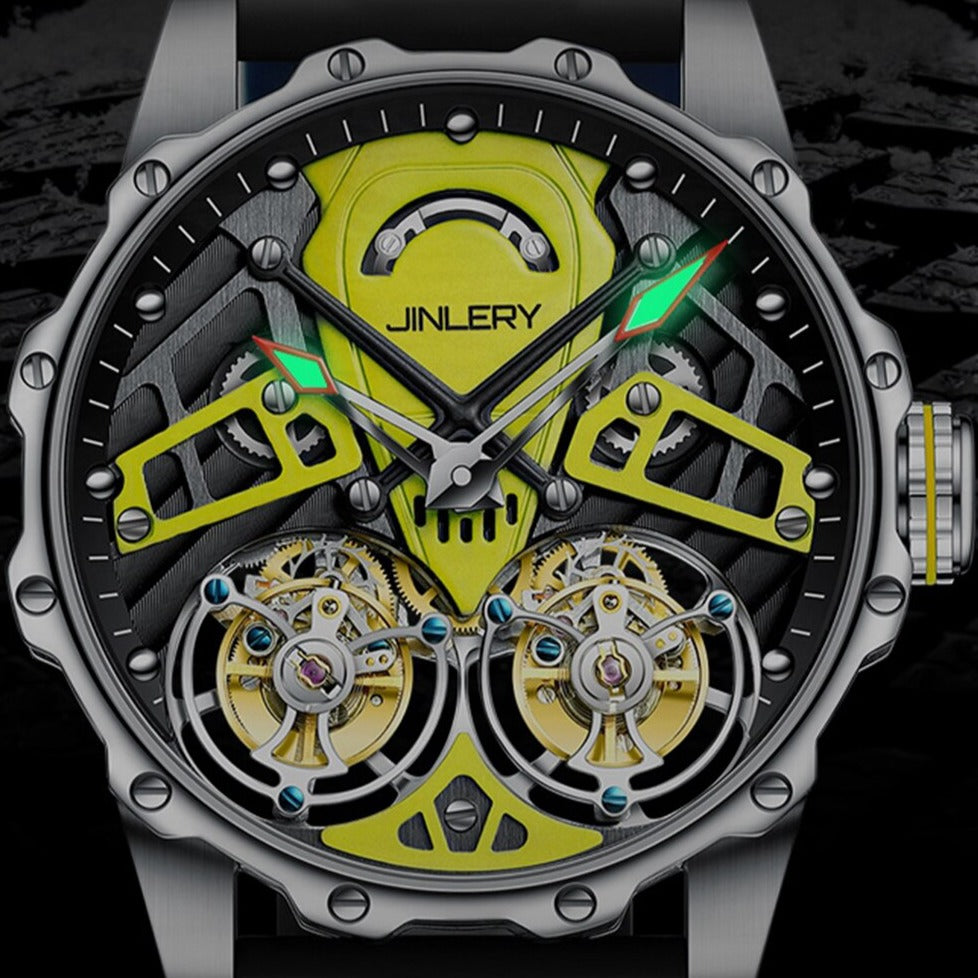 hands detail Jinlery Double Tourbillon Skeleton Mechanical Watch from fiveto.co.uk