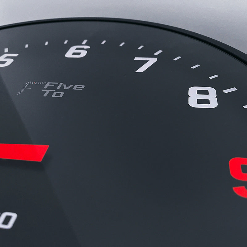 Tacho Wall Clock Close Up Top only available from FiveTo.co.uk Timekeeping redesigned in the style of a sports car rev counter.