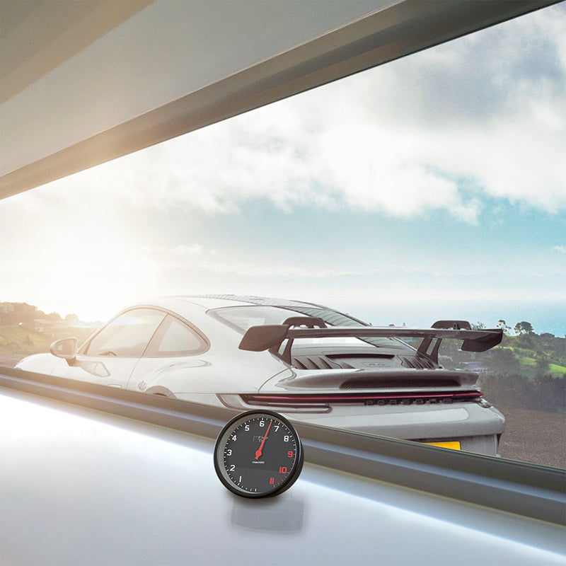 Desktop Tacho Clock, Crayon GT3 Coast Window view. Timekeeping redesigned in the style of a sports car rev counter. Exclusively available from www.fiveto.co.uk