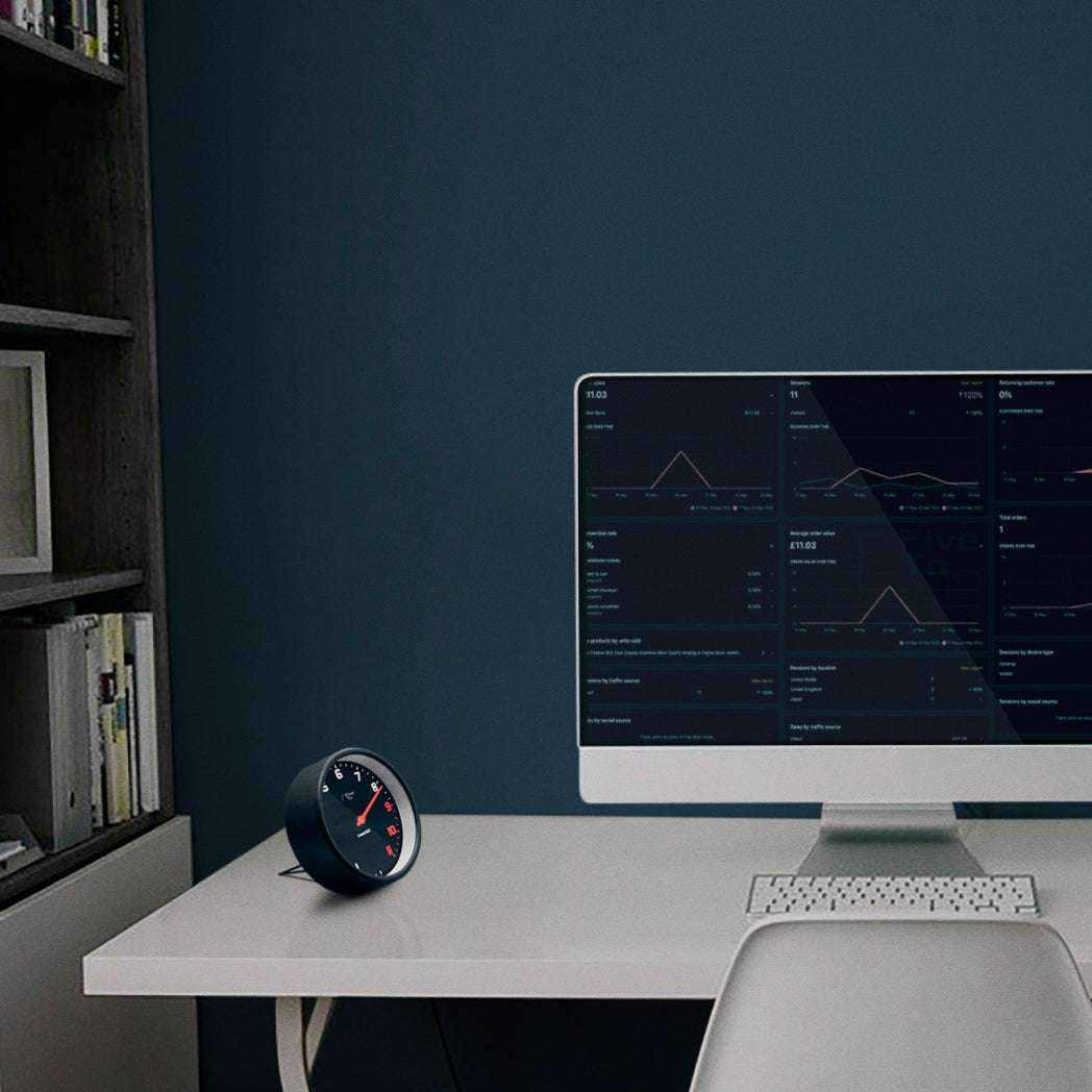 FiveTo Tacho desk clock office. Timekeeping redesigned in the style of a sports car rev counter. Exclusively available from www.fiveto.co.uk