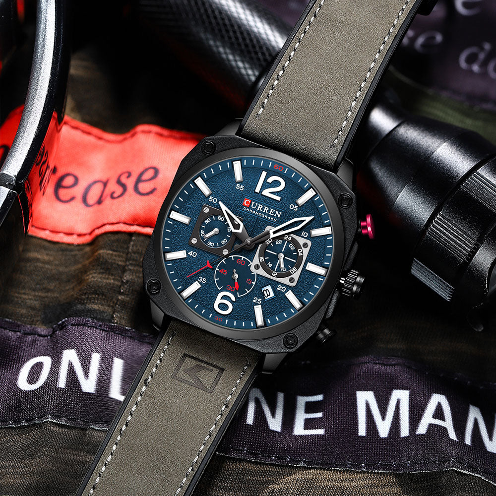 Black/Grey Curren 9398 Quartz Chronograph with Leather Strap