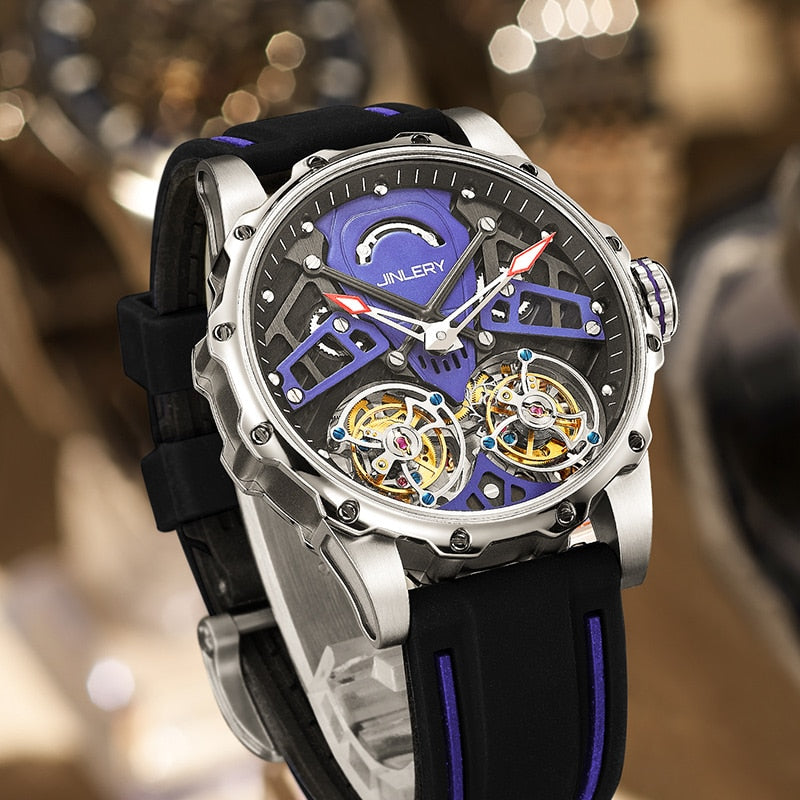 Purple Jinlery Double Tourbillon Skeleton Mechanical Watch from fiveto.co.uk