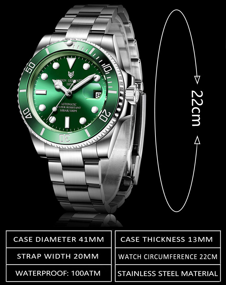 Dimension for Lige 6801 Automatic Mechanical Sapphire Glass 316L Stainless Steel Watch from FiveTo.co.uk