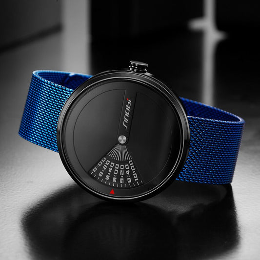 On side blue mesh Sinobi 9784 Window View Quartz Watch Stainless, Steel Mesh Strap from fiveto.co.uk