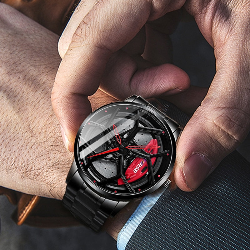 Red on wrist close up of Nektom Alloy Wheel Rim Style Watch available from FiveTo.co.uk