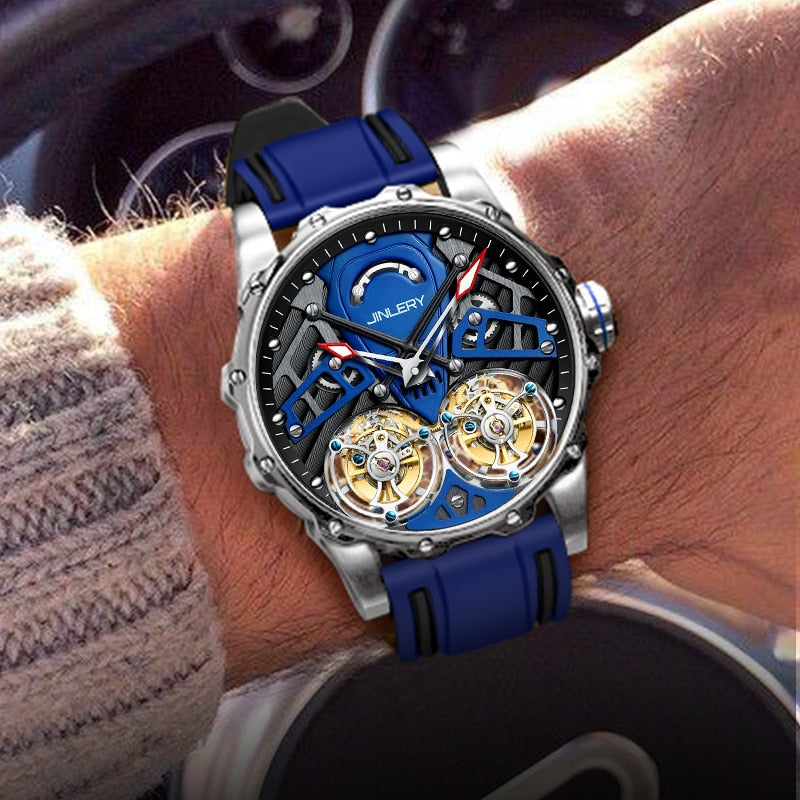 Wrist view Jinlery Double Tourbillon Skeleton Mechanical Watch from fiveto.co.uk