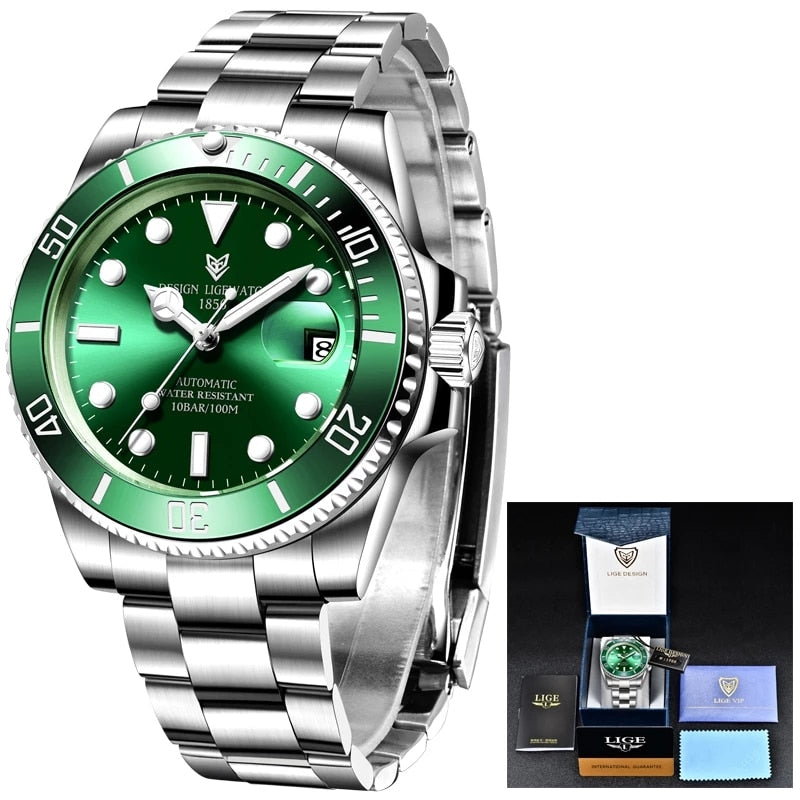 Green Lige 6801 Automatic Mechanical Sapphire Glass 316L Stainless Steel Watch from FiveTo.co.uk