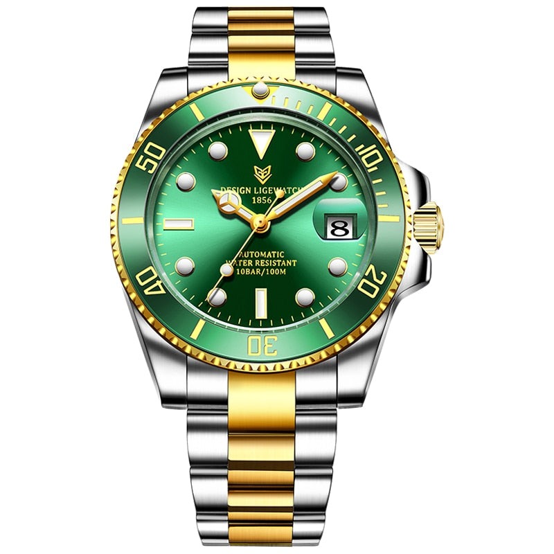 Green and Gold Lige 6801 Automatic Mechanical Sapphire Glass 316L Stainless Steel Watch from FiveTo.co.uk