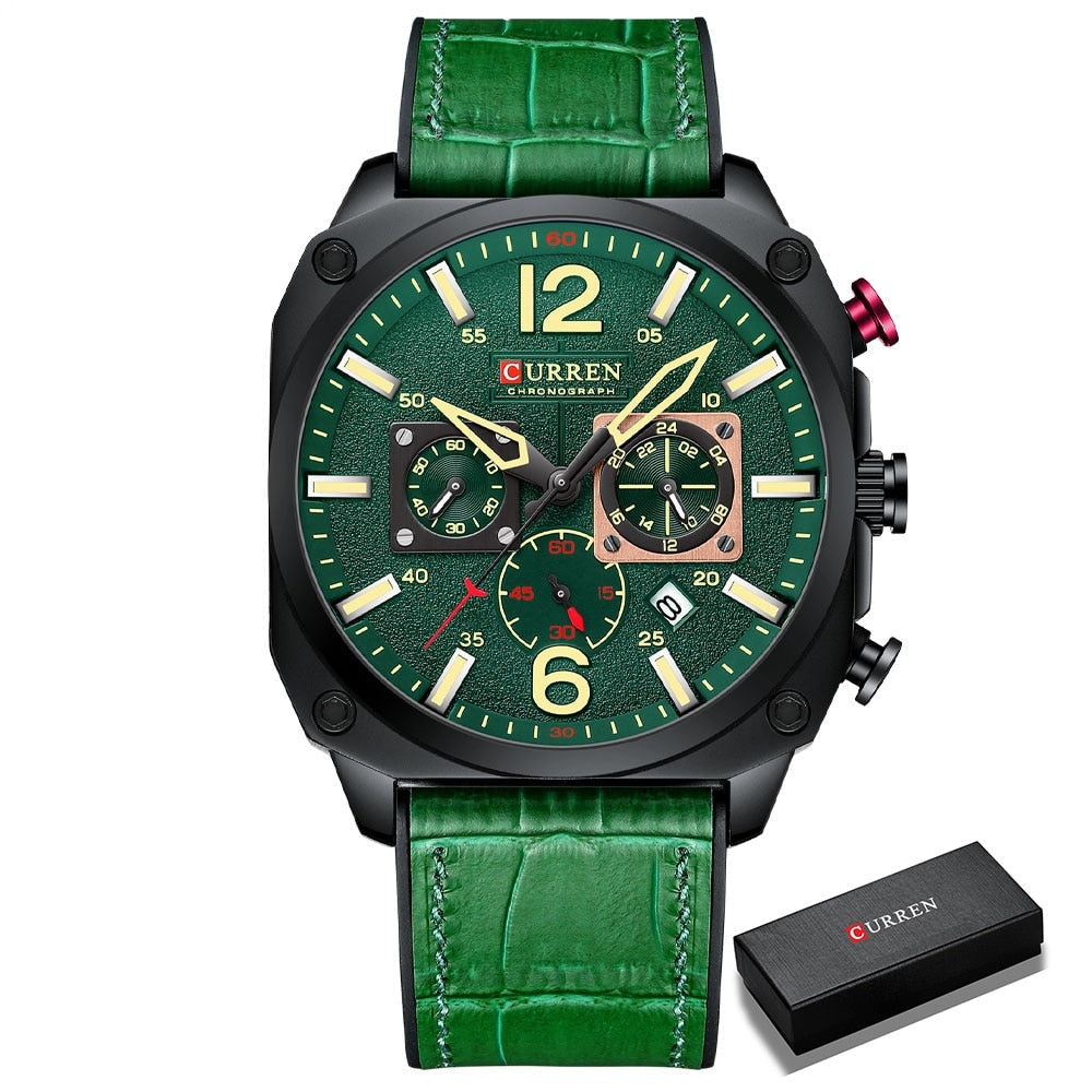 Green Curren 9398 Quartz Chronograph with Leather Strap plus box