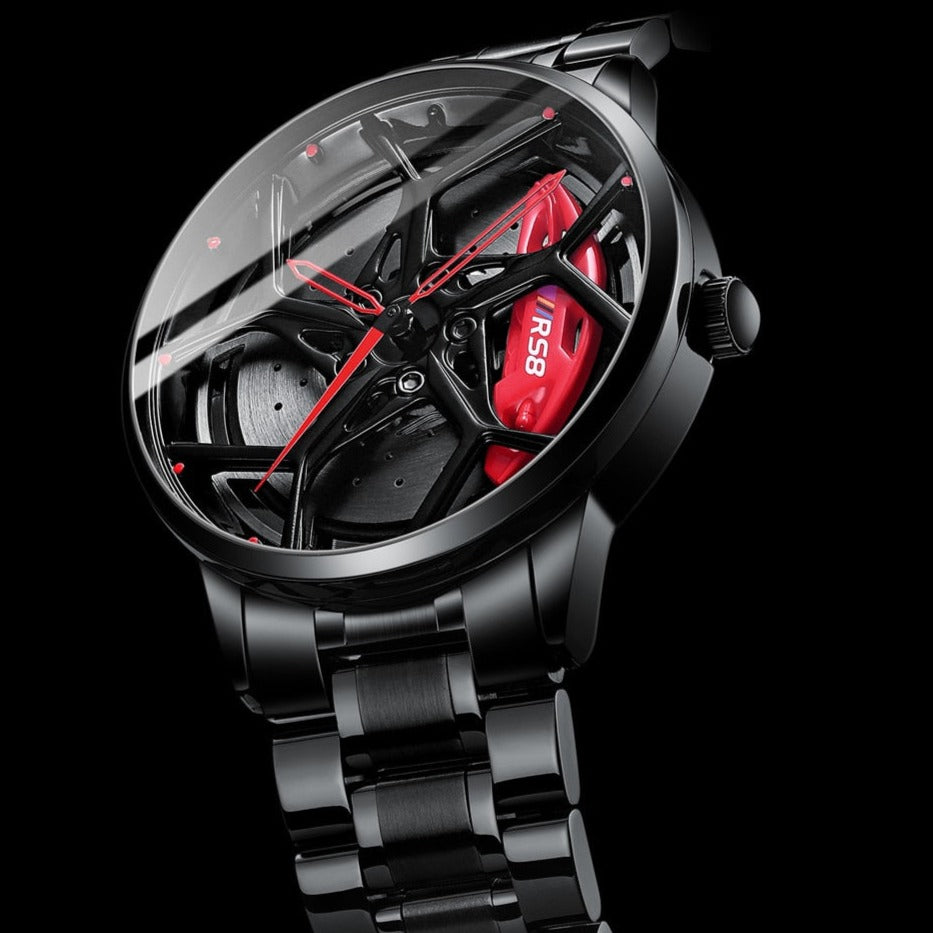 Angled close up of red Nektom Alloy Wheel Rim Style Watch available from FiveTo.co.uk