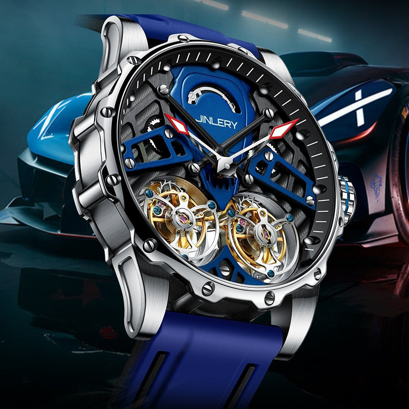 Close up of Jinlery Double Tourbillon Skeleton Mechanical Watch from fiveto.co.uk