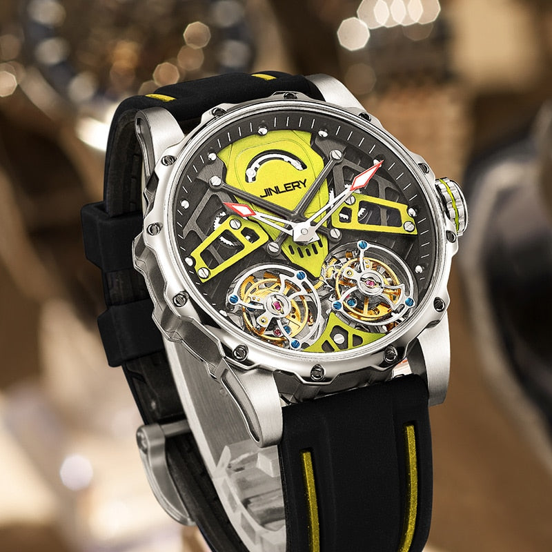 Yellow Jinlery Double Tourbillon Skeleton Mechanical Watch from fiveto.co.uk