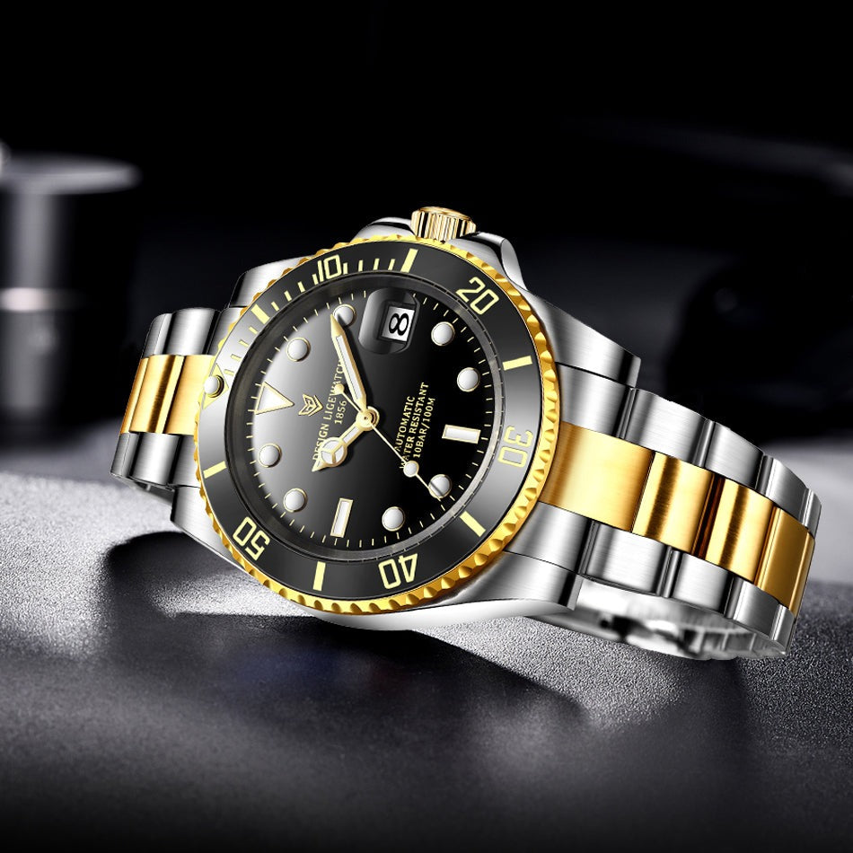 Gold/Black Lige 6801 Automatic Mechanical Sapphire Glass 316L Stainless Steel Watch from FiveTo.co.uk