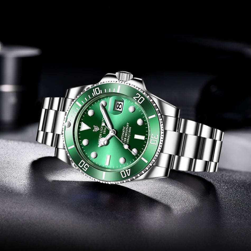 Green Lige 6801 Automatic Mechanical Sapphire Glass 316L Stainless Steel Watch from FiveTo.co.uk