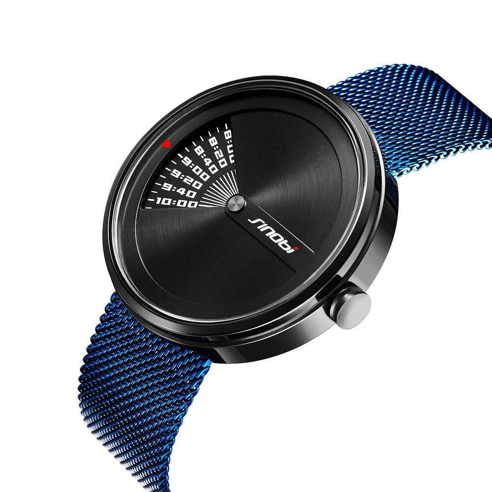 Blue mesh Sinobi 9784 Window View Quartz Watch Stainless, Steel Mesh Strap from fiveto.co.uk