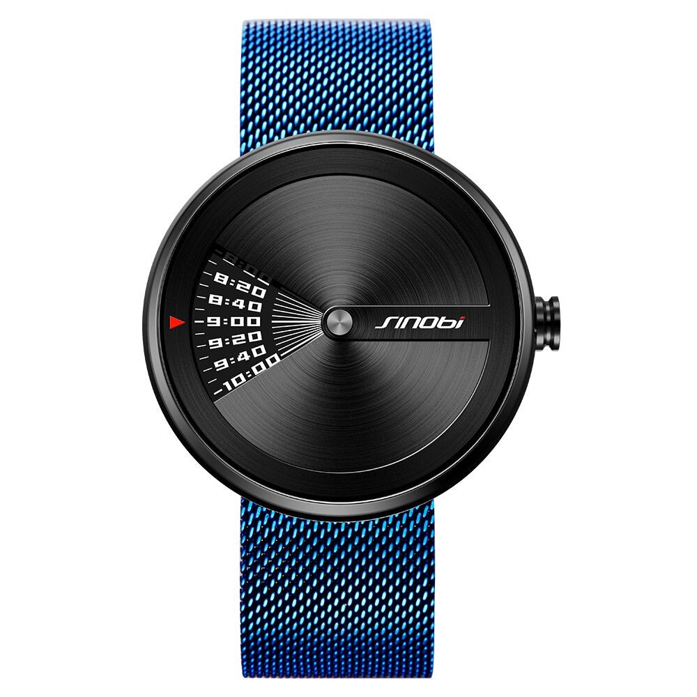 Blue mesh version of Sinobi 9784 Window View Quartz Watch Stainless, Steel Mesh Strap from fiveto.co.uk