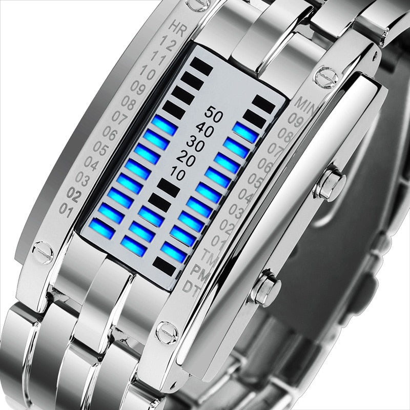 Silver close up of Skmei LED Segment Display Watch from fiveto.co.uk