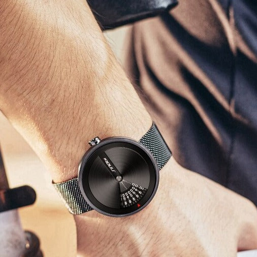 On wrist black Sinobi 9784 Window View Quartz Watch Stainless, Steel Mesh Strap from fiveto.co.uk