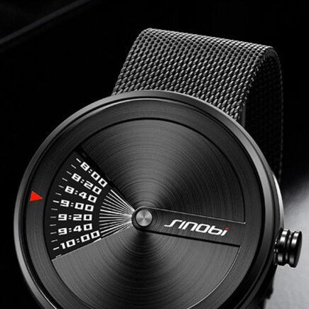 black Sinobi 9784 Window View Quartz Watch Stainless, Steel Mesh Strap from fiveto.co.uk