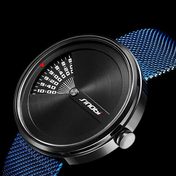 close up Sinobi 9784 Window View Quartz Watch Stainless, Steel Mesh Strap from fiveto.co.uk