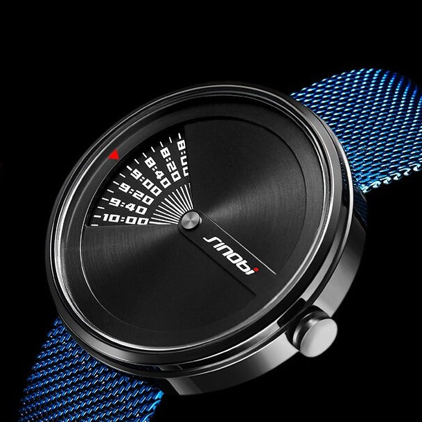 Blue mesh Sinobi 9784 Window View Quartz Watch Stainless, Steel Mesh Strap from fiveto.co.uk