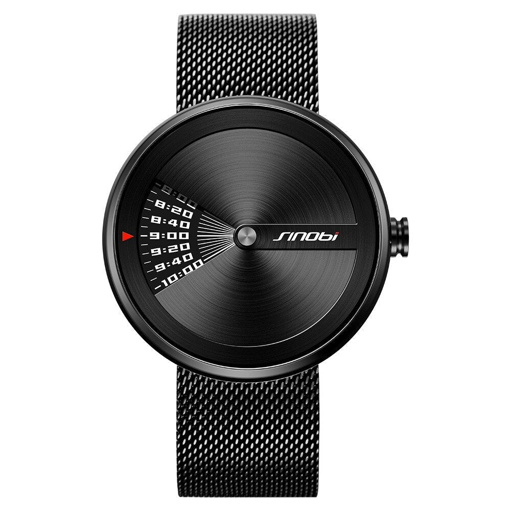Black mesh Sinobi 9784 Window View Quartz Watch Stainless, Steel Mesh Strap from fiveto.co.uk