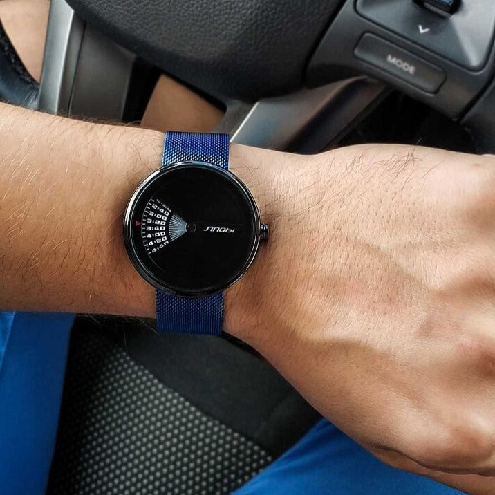On wrist blue mesh Sinobi 9784 Window View Quartz Watch Stainless, Steel Mesh Strap from fiveto.co.uk