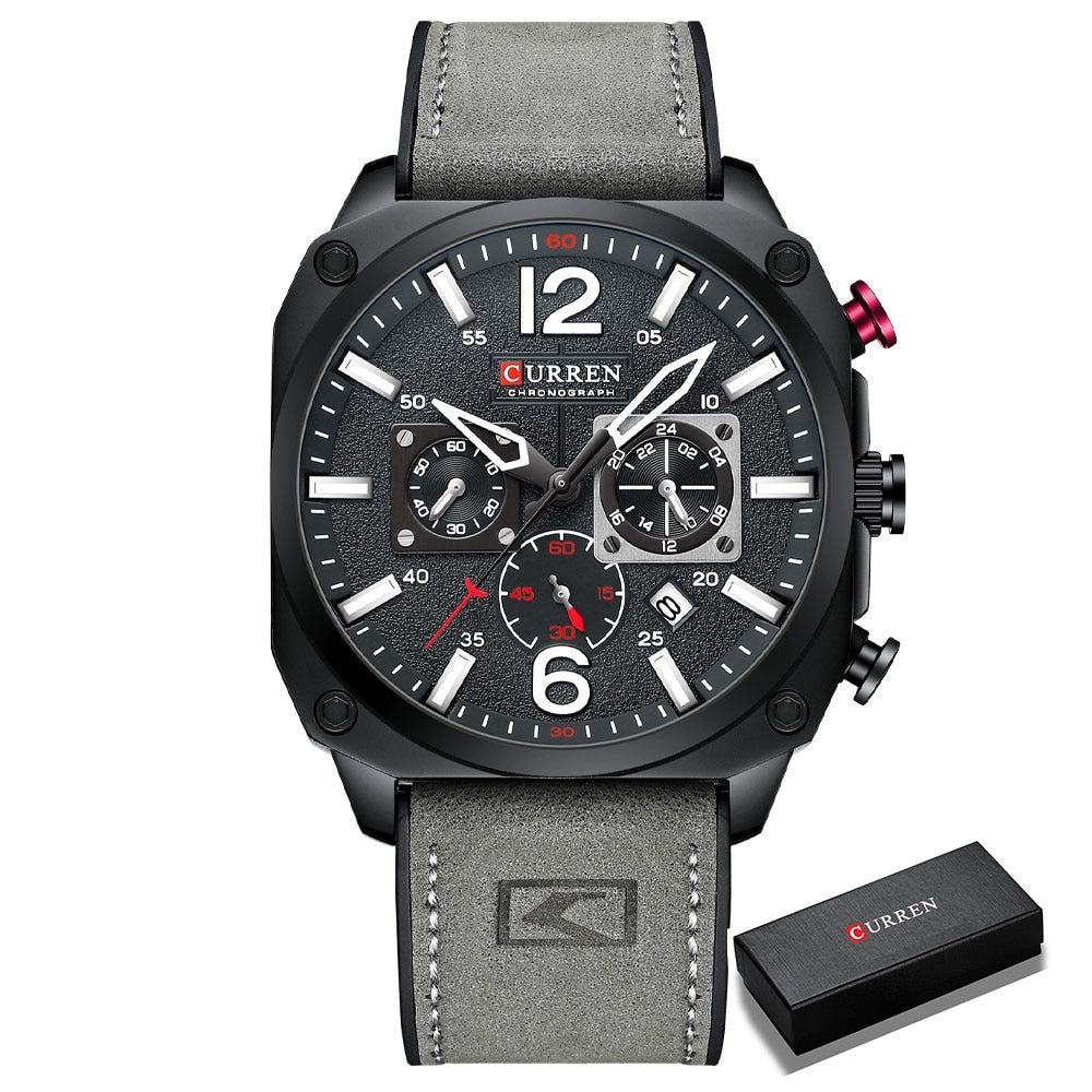 Grey Curren 9398 Quartz Chronograph with Leather Strap plus box