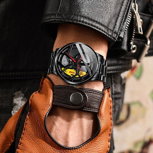 Yellow on wrist Nektom Alloy Wheel Rim Style Watch available from FiveTo.co.uk