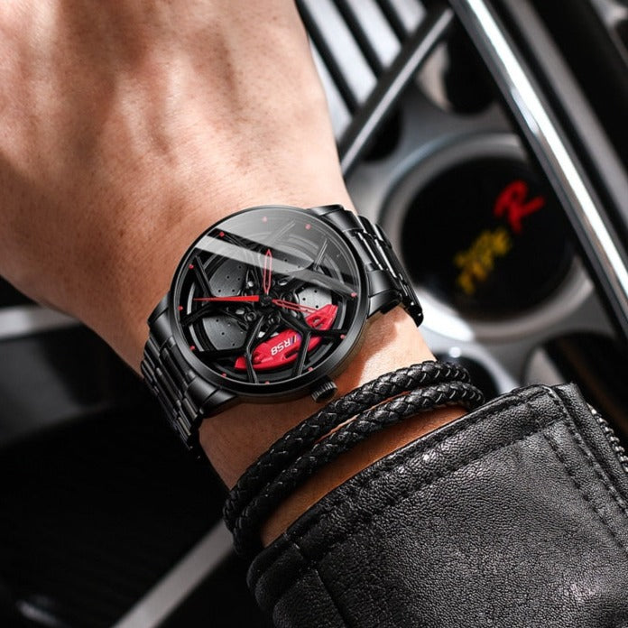 Red on wrist in car Nektom Alloy Wheel Rim Style Watch available from FiveTo.co.uk