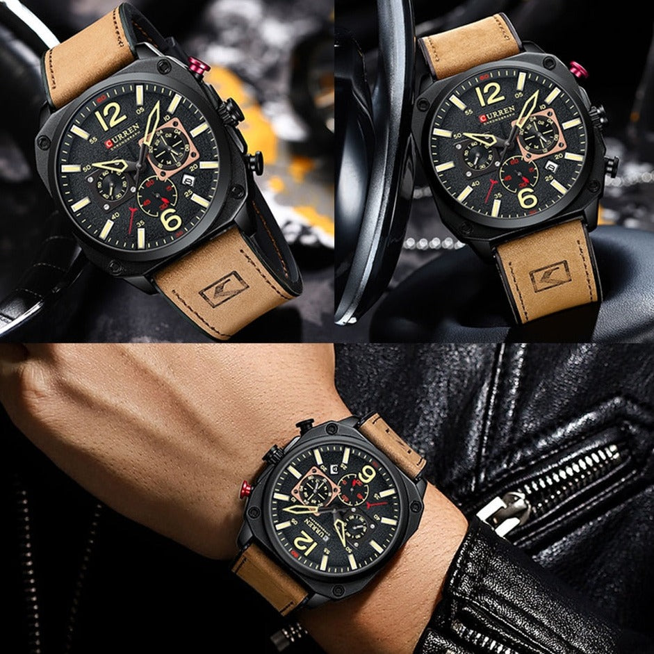 Black /Brown Curren 9398 Quartz Chronograph with Leather Strap