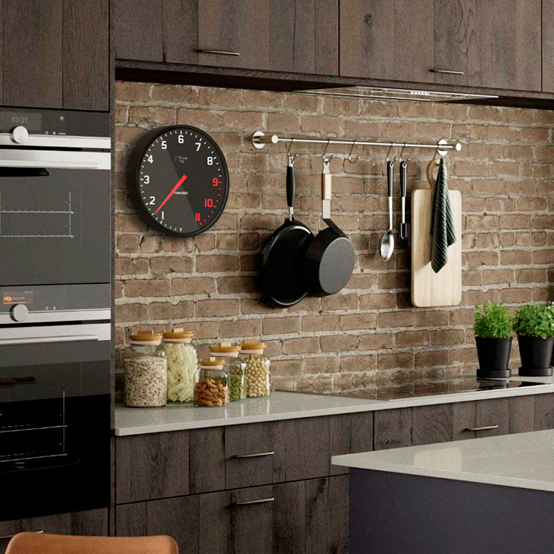 Tacho wall clock from FiveTo.co.uk in Kitchen showing the time in the style of a sports car rev counter.