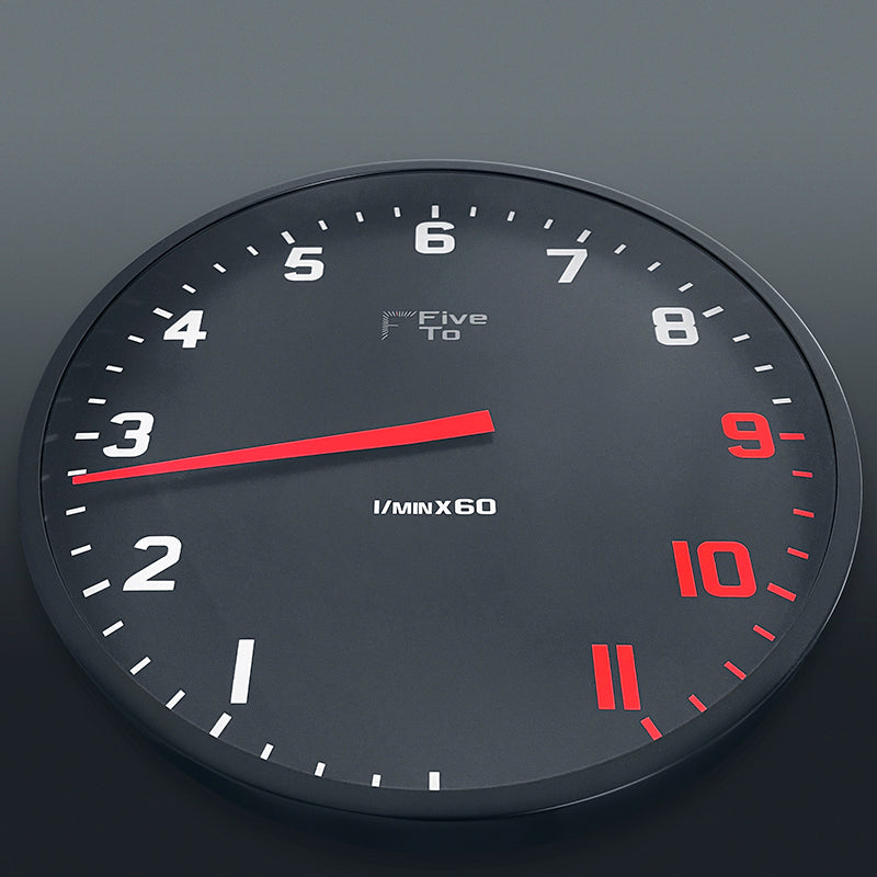 Tacho Wall Clock Close Up, time is 2.40 angle view. Timekeeping redesigned in the style of a sports car rev counter. Only available from FiveTo.co.uk