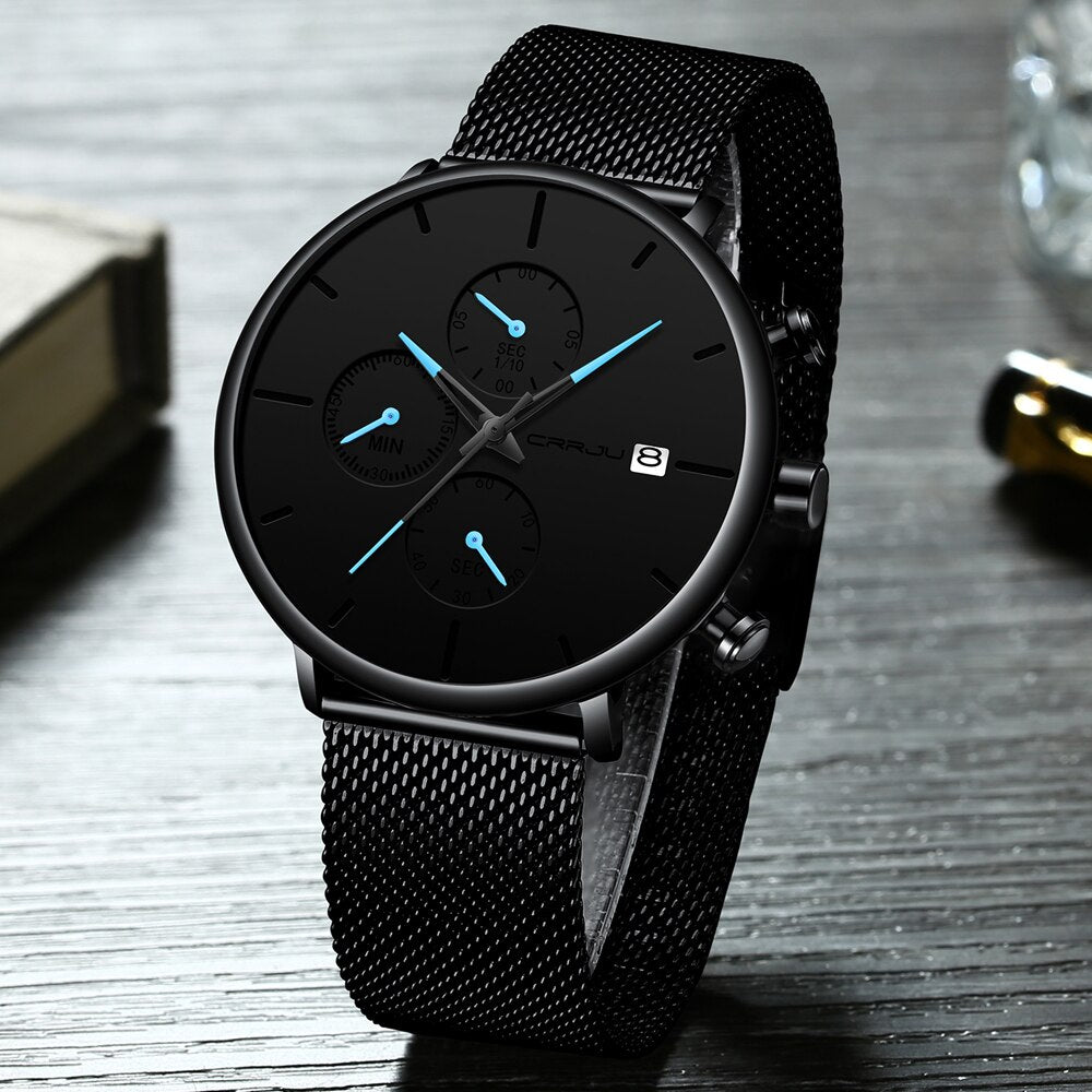 Blue/Black Crrju Model 2268 Minimalist Quartz Watch Slim Steel Mesh Strap from fiveto.co.uk