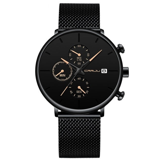 Gold/Black Crrju Model 2268 Minimalist Quartz Watch Slim Steel Mesh Strap from fiveto.co.uk