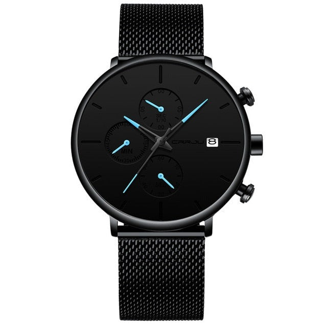 Blue/Black Crrju Model 2268 Minimalist Quartz Watch Slim Steel Mesh Strap from fiveto.co.uk