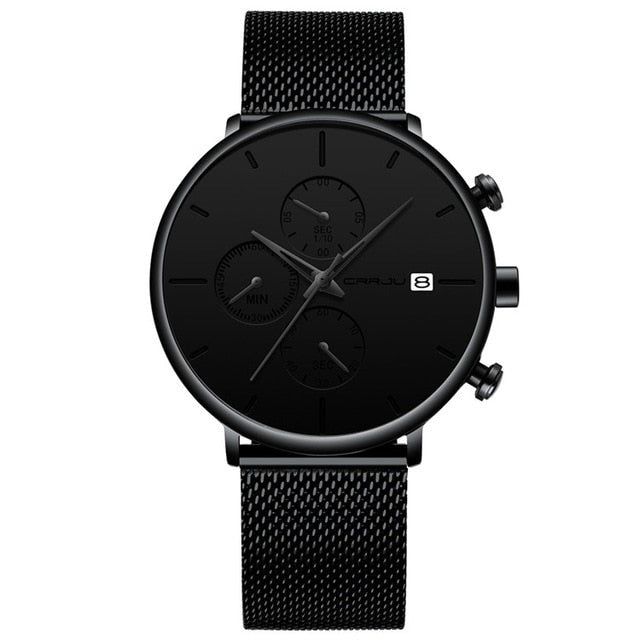 Black/Black Crrju Model 2268 Minimalist Quartz Watch Slim Steel Mesh Strap from fiveto.co.uk
