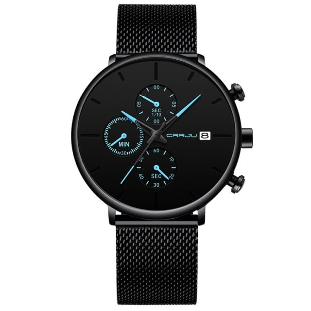 Blue/Black Crrju Model 2268 Minimalist Quartz Watch Slim Steel Mesh Strap from fiveto.co.uk