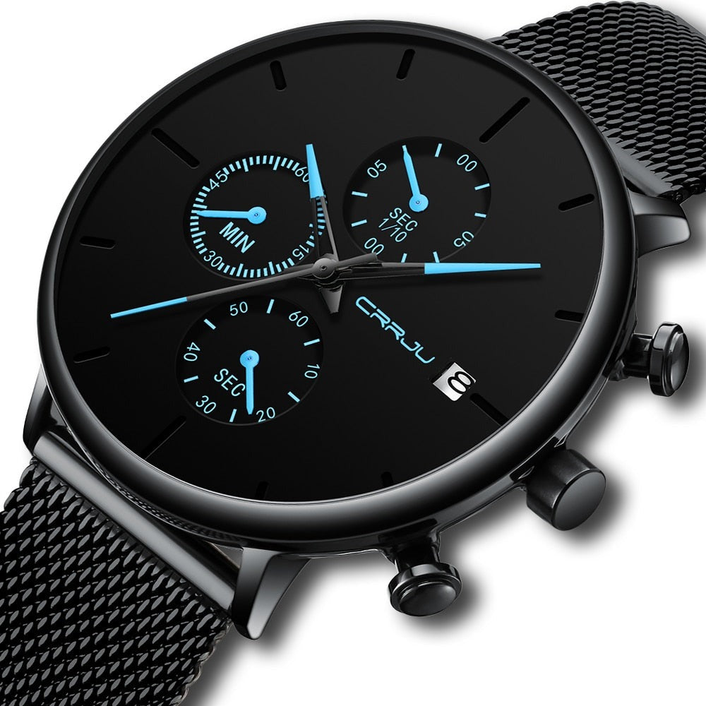 Blue/Black Crrju Model 2268 Minimalist Quartz Watch Slim Steel Mesh Strap from fiveto.co.uk