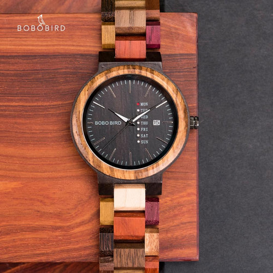Bobo Bird GP014-1 Wood Quartz Watch Date Display and Wooden Strap available fromFiveTo.co.uk