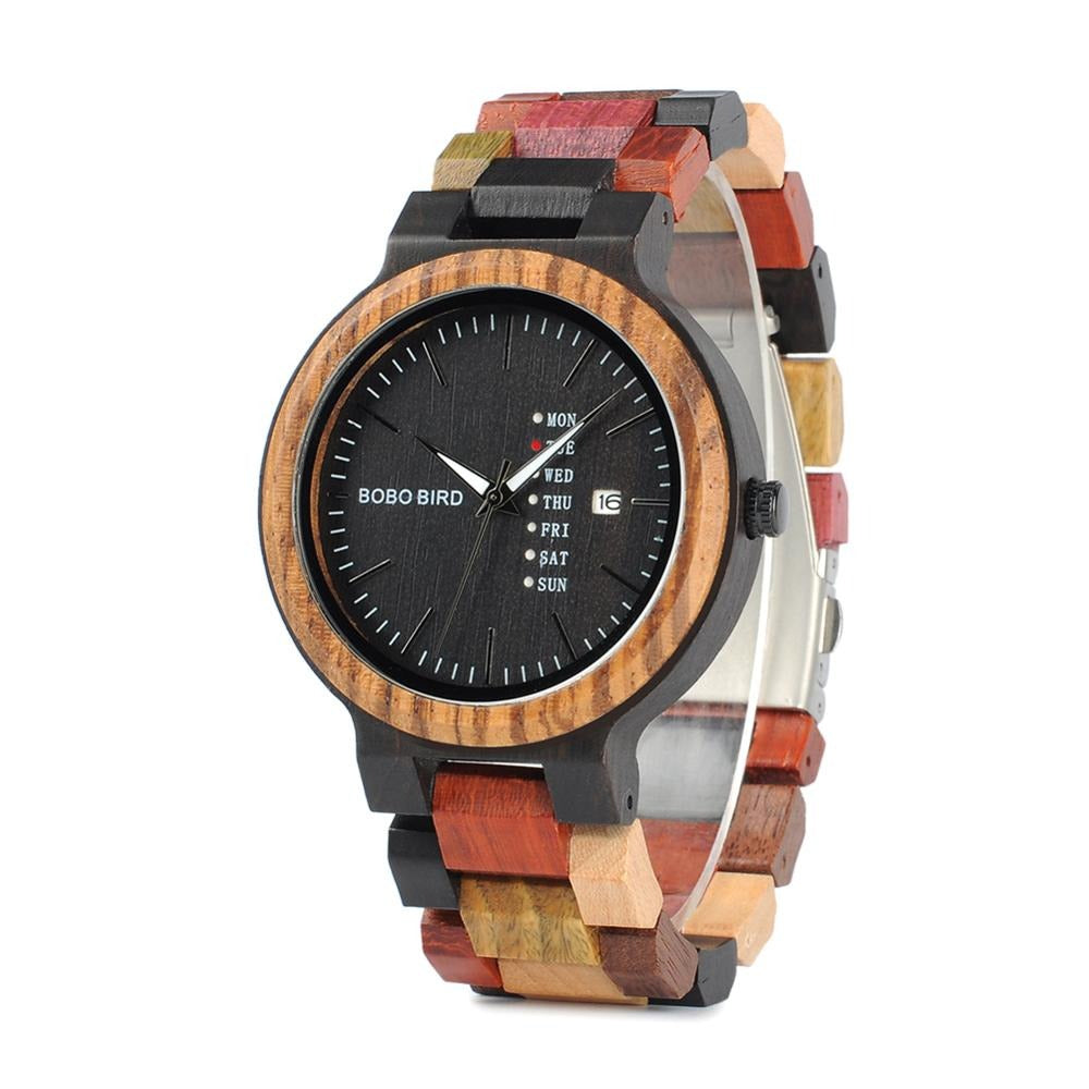 Bobo Bird GP014-1 Wood Quartz Watch Date Display and Wooden Strap available fromFiveTo.co.uk