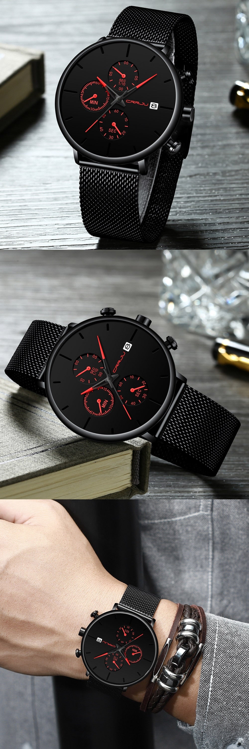 3 red Crrju Model 2268 Minimalist Quartz Watch Slim Steel Mesh Strap from fiveto.co.uk