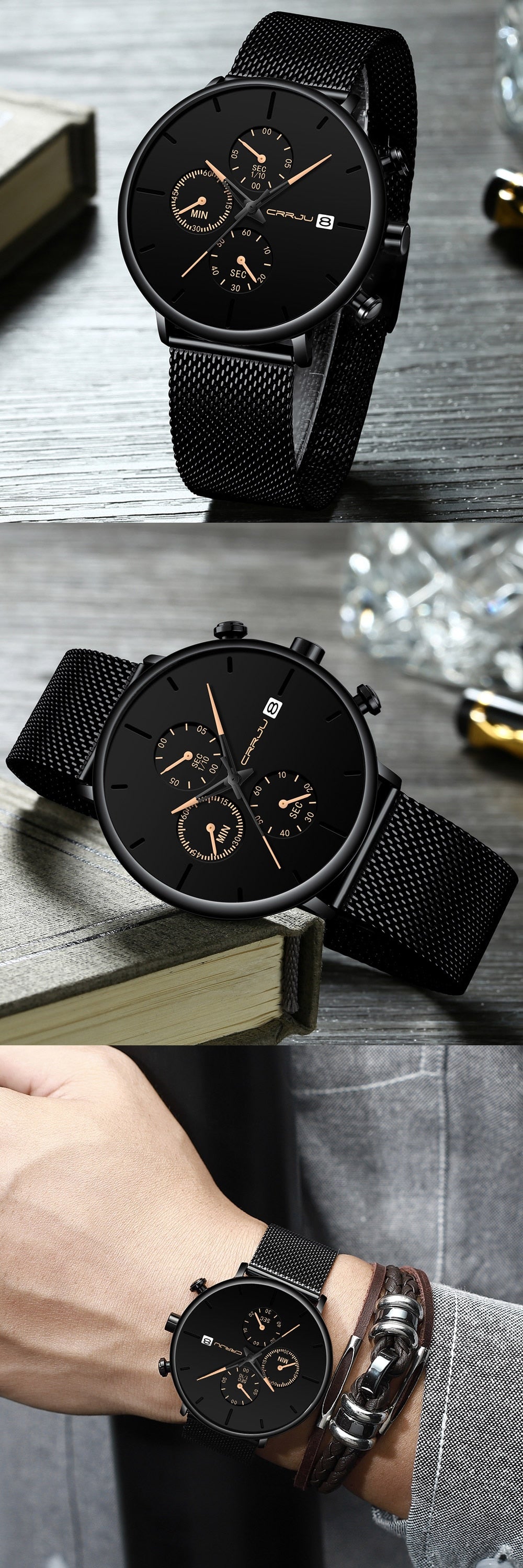 Gold x3 Crrju Model 2268 Minimalist Quartz Watch Slim Steel Mesh Strap from fiveto.co.uk