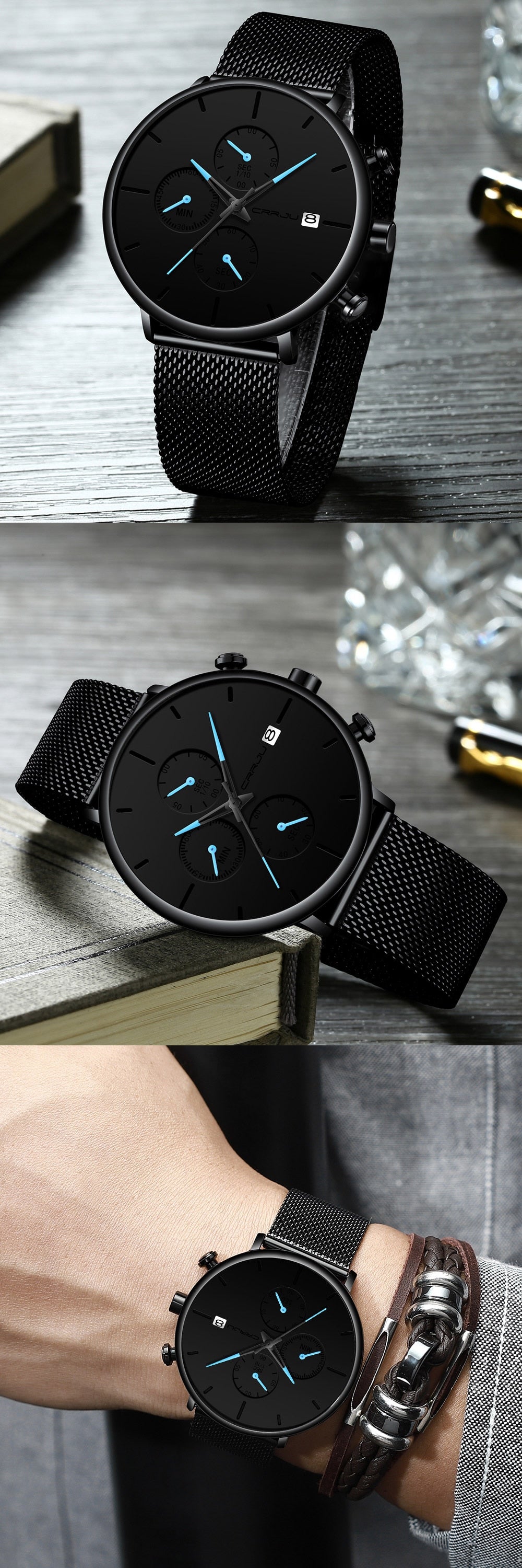 3 Blue Crrju Model 2268 Minimalist Quartz Watch Slim Steel Mesh Strap from fiveto.co.uk