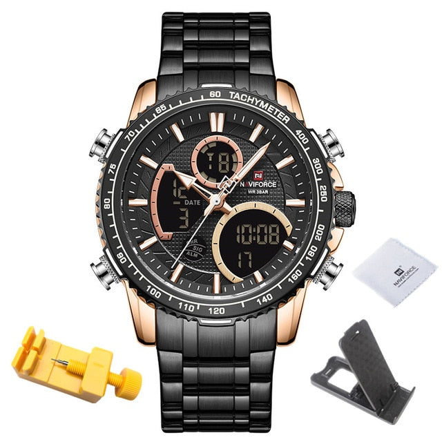 Black/Gold Naviforce 9182 Sport Chronograph Analogue Digital Display watch from fiveto.co.uk