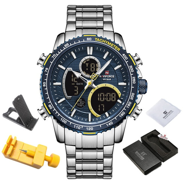 Silver/Blue Naviforce 9182 Sport Chronograph Analogue Digital Display watch from fiveto.co.uk